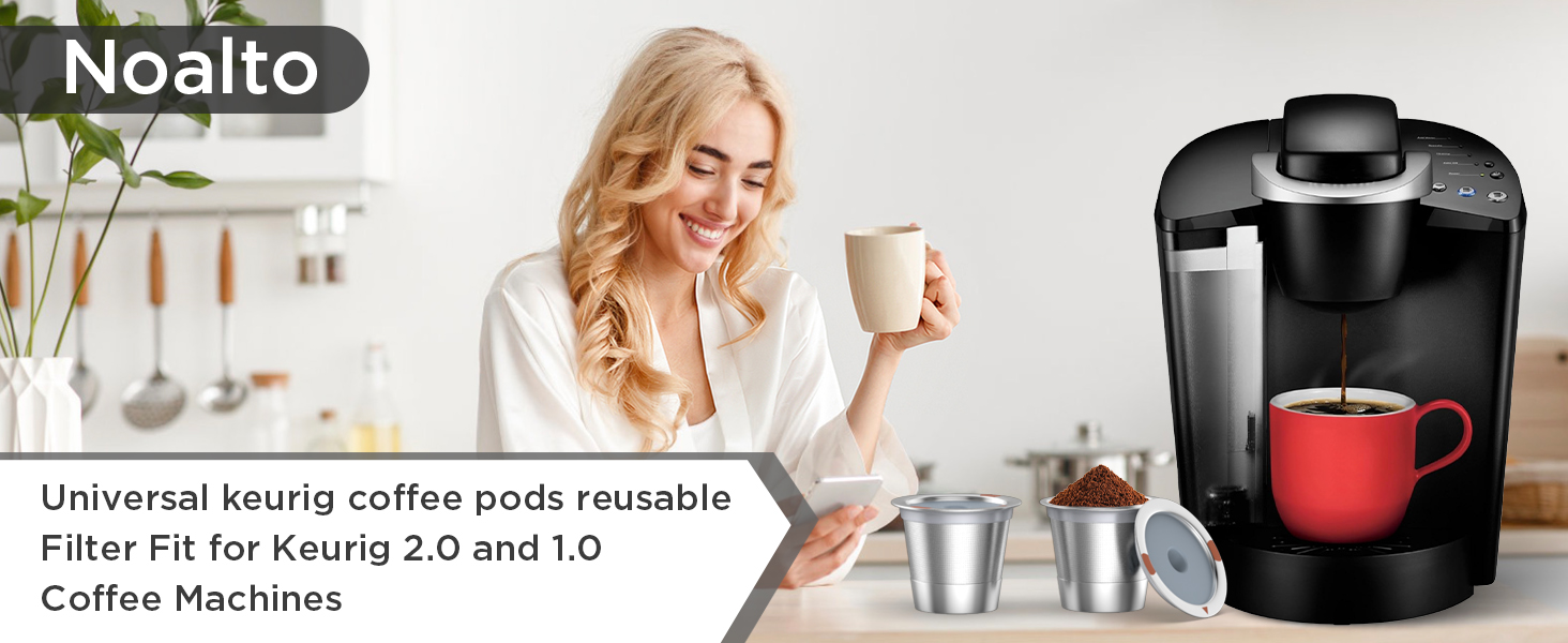 NOALTO Everyday Reusable Pods with a coffee maker and a freshly brewed cup
