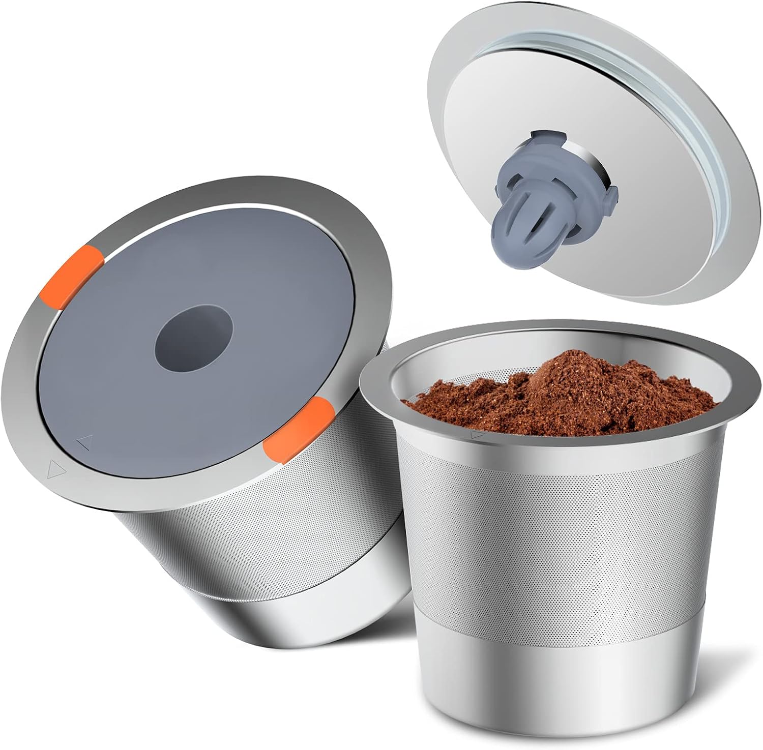Two NOALTO stainless steel reusable coffee pods, one open and one closed