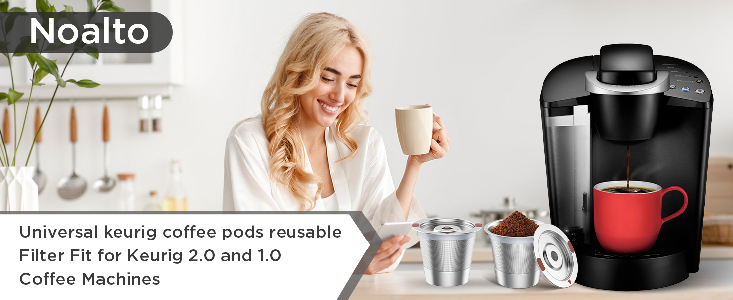 NOALTO Stainless Steel Coffee Filters with a coffee maker and a freshly brewed cup