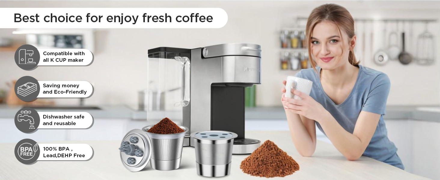 NOALTO K-Supreme reusable coffee filters shown with a coffee maker and ground coffee